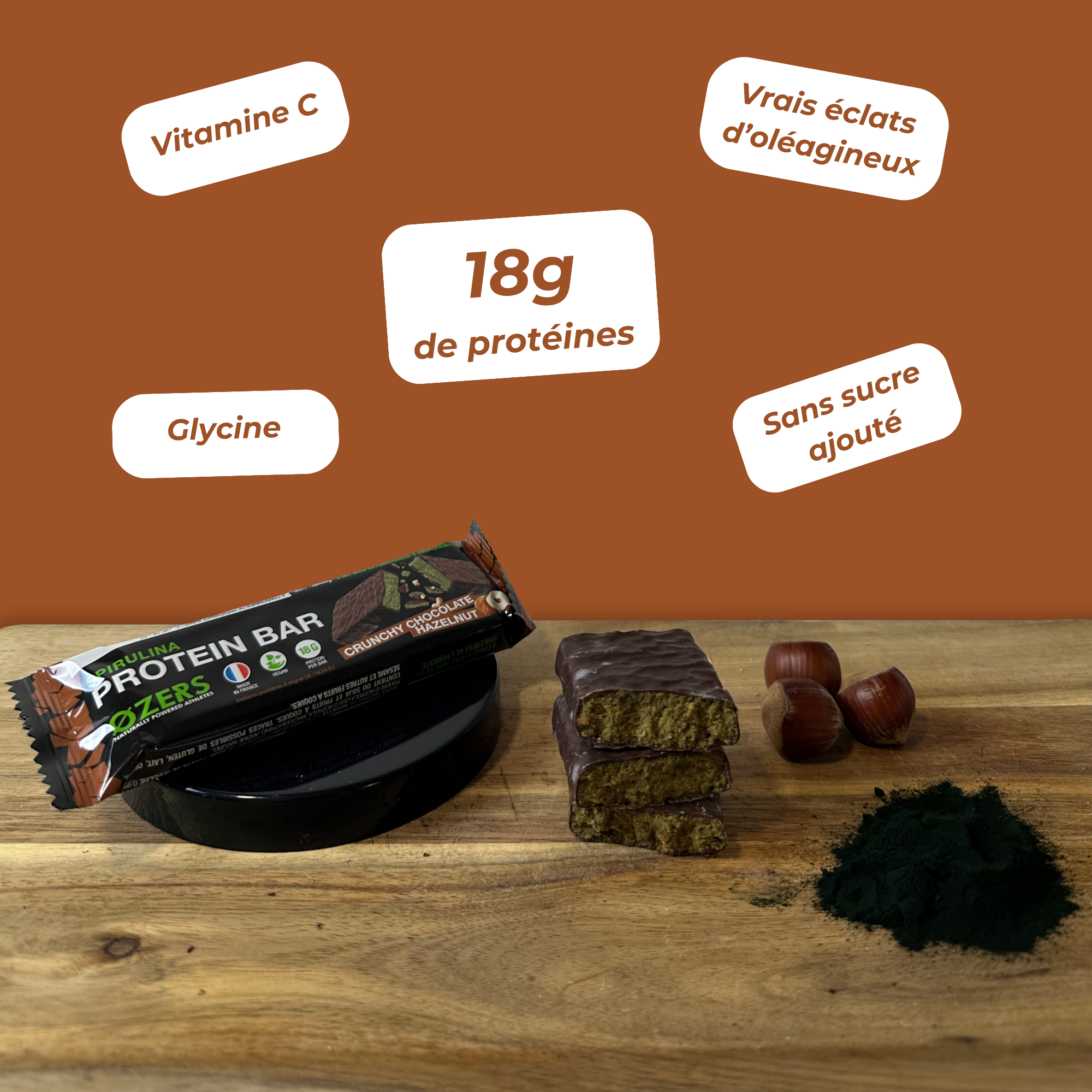 ØZERS - Barre protéinée Spiruline Noisette - Vegan & Made in France