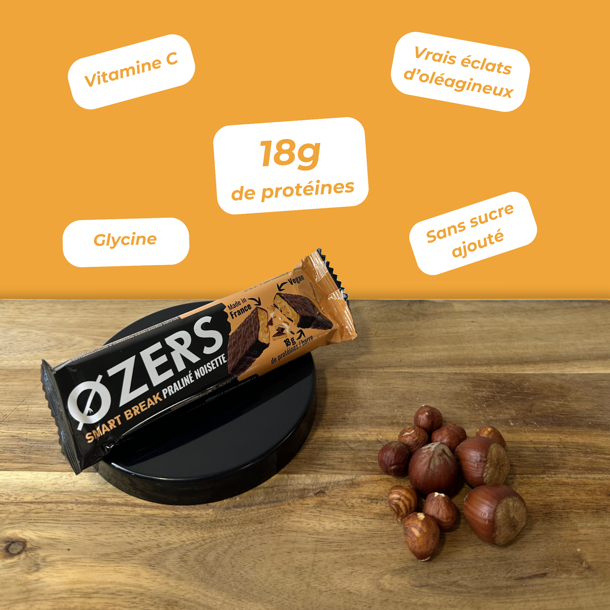 ØZERS - Barre protéinée Praliné Noisette - Vegan & Made in France